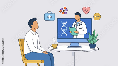 Telemedicine consultation, man interacting with doctor on screen, online health