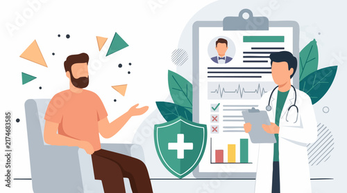 Medical consultation: Doctor and patient reviewing health records and plan