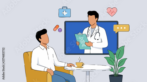Virtual Healthcare Visit: Man Consulting Doctor via Video Call