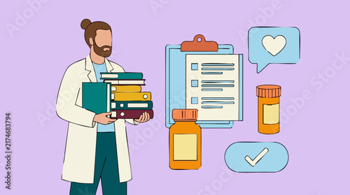 Healthcare professional with books, medical checklist, and health icons
