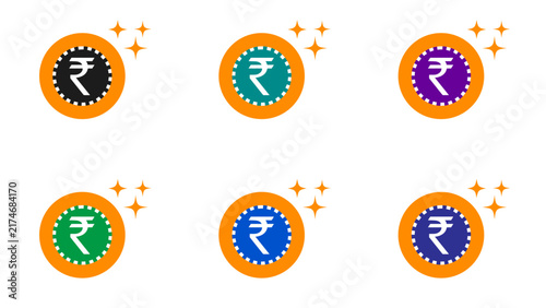Rupee Coin Sparkle Icon Set Reward Bonus in Six Colors
