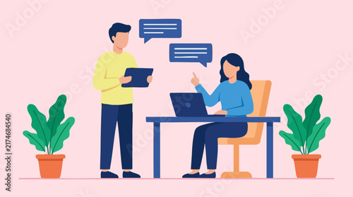 Business colleagues discussing project with laptop and tablet, flat vector illustration