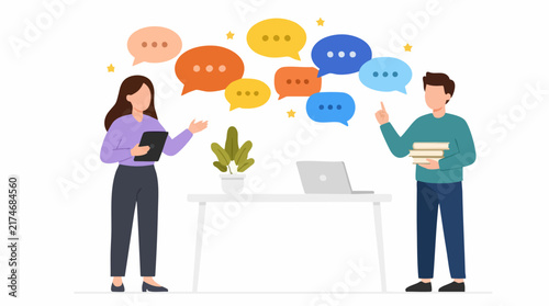 Team collaboration, idea sharing, and communication with speech bubbles