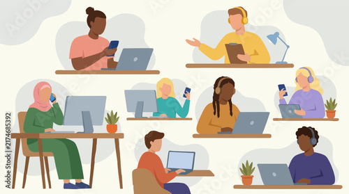 Diverse group of people working remotely, collaborating online with technology