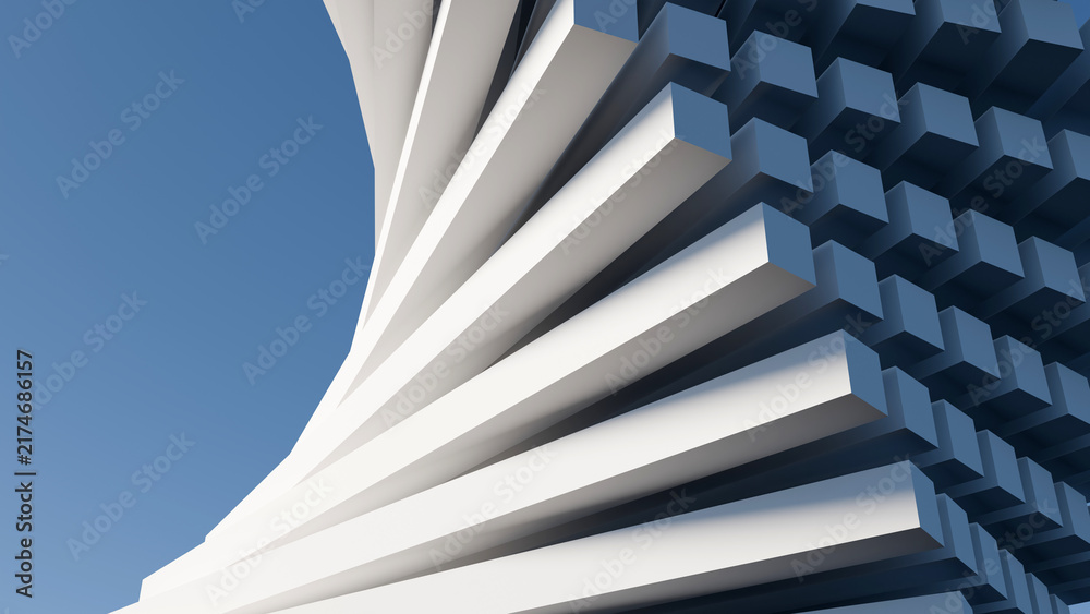 Obraz premium 3D abstract dynamic geometric spiral rendering with white modern blocks against blue sky. Ideal background for architectural, tech, modern business presentations, websites, and minimalist covers