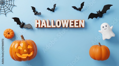 Halloween background with carved pumpkins cute ghost bats on blue jack olantern october thirty first three dimensional spider web halloween seasonal decoration celebration pumpkins