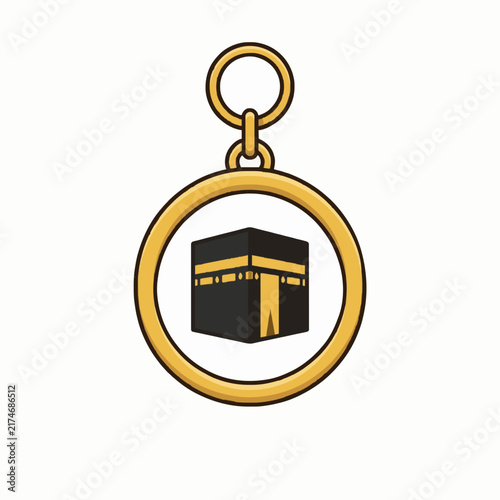 Gold Kaaba keychain vector illustration for Hajj and Umrah souvenir, Islamic pilgrimage gift concept isolated on white background. 