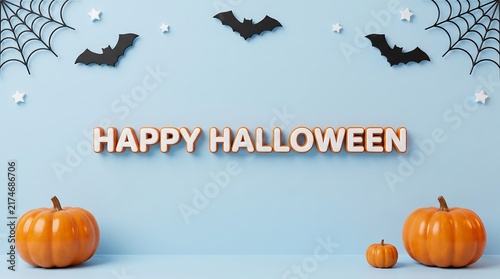 Minimalist happy halloween composition with orange pumpkins spider webs flying bats on blue background spider web jack olantern halloween minimalist greeting celebration seasonal