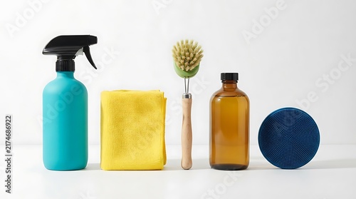 Eco-friendly cleaning supplies and tools for sustainable home maintenance on white background