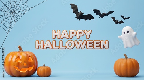 Happy halloween celebration background with carved pumpkins flying bats a ghost on a blue backdrop spider web jack o lantern halloween party autumn holiday trick or treat scary decoration
