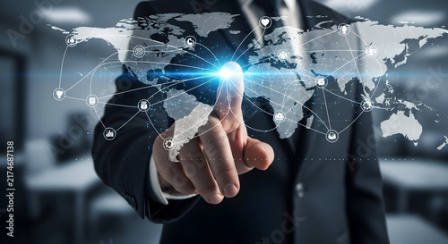 Global Business Network and Digital World Map Connection with Businessman Touching Technology Interface