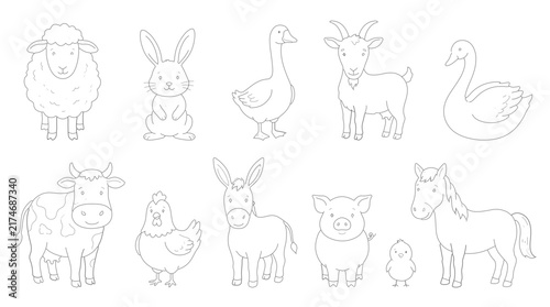 Set of cute farm animals in outline style, including sheep, rabbit, goose, goat, swan, cow, chicken, donkey, pig, and horse