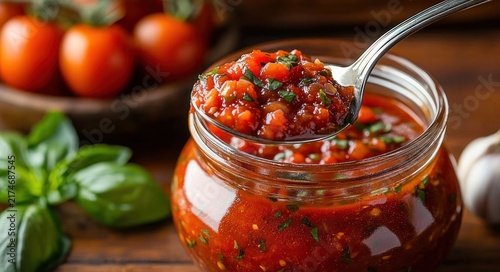 chunky tomato and basil sauce in a glass jar with spoon, bowl of cherry tomatoes and garlic on a wooden table, warm inviting rustic mood