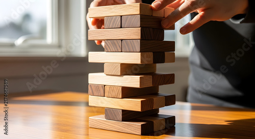 Business Strategy and Risk Management Concept with Wooden Jenga Blocks Tower