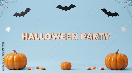 Halloween party text banner with pumpkins and flying bats on blue background jack o lantern pumpkins celebration seasonal decoration greeting invitation template tradition creative