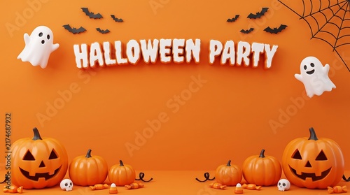 Halloween party background with jack o lanterns cute ghosts bats on orange backdrop halloween background jackolantern spiderweb celebration seasonal trickortreat invitation decoration