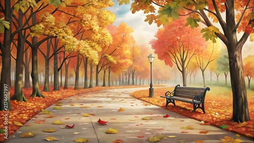 Autumn Park Pathway with Fall Leaves and Bench Watercolor Painting