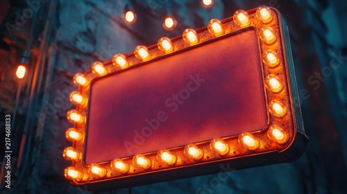A neon sign with a red background and a black sign. The sign is lit up with many lights