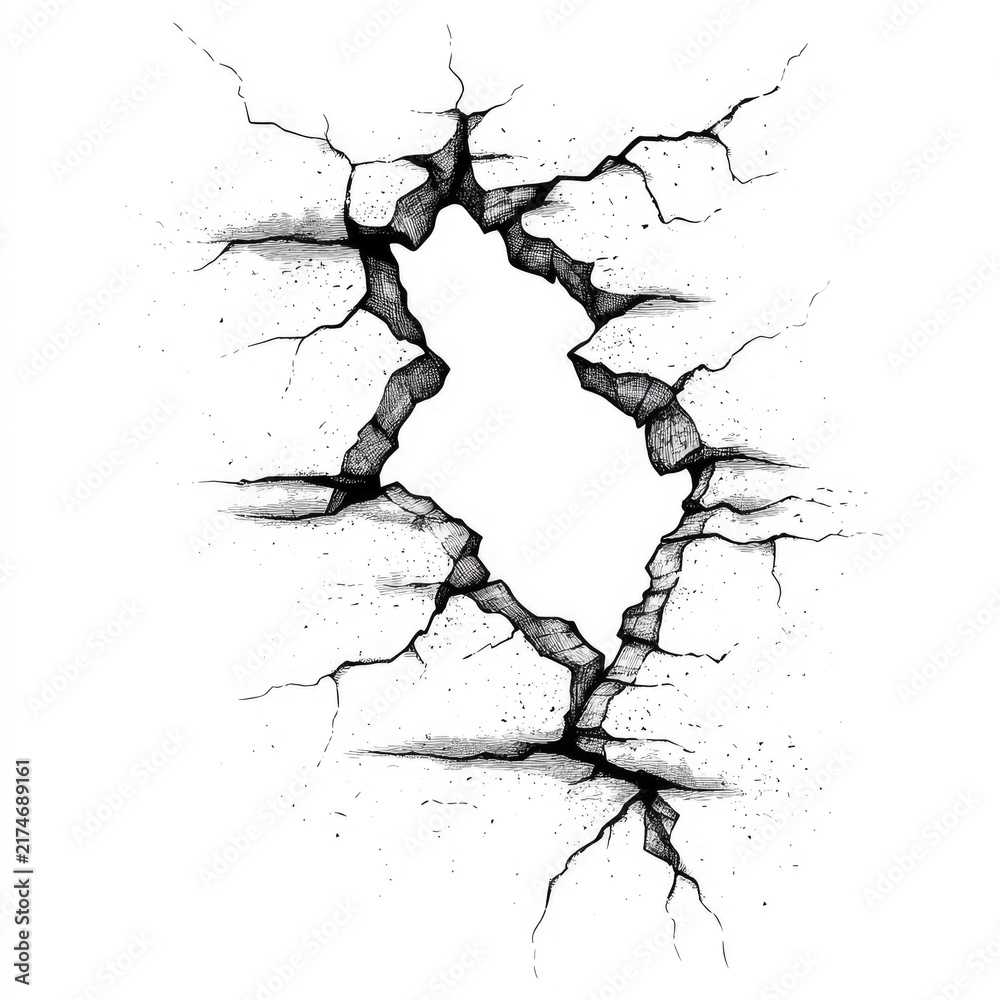 Obraz premium A black and white drawing of a crack in a wall. The crack is large and deep, and the surrounding area is covered in rubble. Scene is one of destruction and chaos