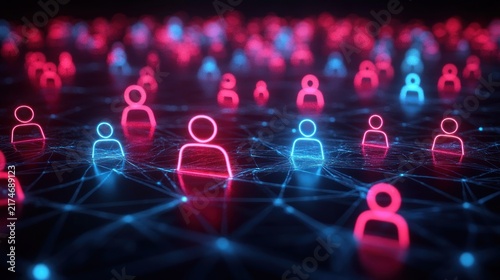 glowing red and blue user icons connected by luminous network lines on a dark digital grid, evoking a futuristic, connected yet divided virtual community