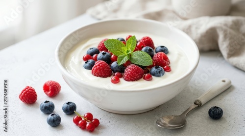 A bowl of fresh yogurt topped with blueberries, raspberries, red currants, and mint leaves