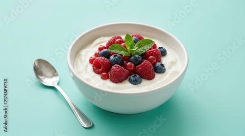 Bowl of fresh yogurt with mixed berries and mint leaves on a light blue background