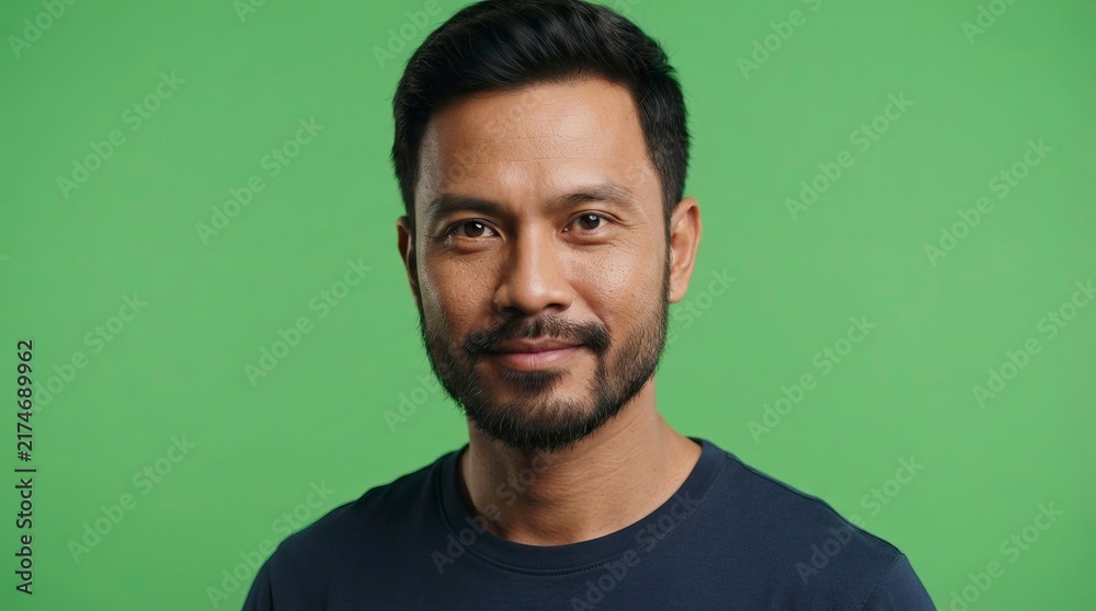 Obraz premium Portrait of Confident Mature Southeast Asian Man with Beard Looking at Camera Over Green Background