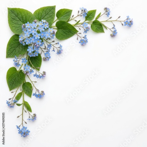 Delicate Blue Forget-Me-Not Flowers and Green Leaves Corner Accent.