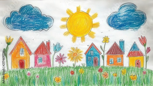 Colorful crayon drawing of six small houses with chimneys on a green flowered meadow under a bright sun, two blue clouds and tall flowers, evoking a cheerful playful mood