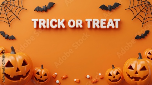 Trick or treat halloween celebration background with carved pumpkins spider webs and bats on orange background halloween party spooky background halloween text autumn festival candy corn