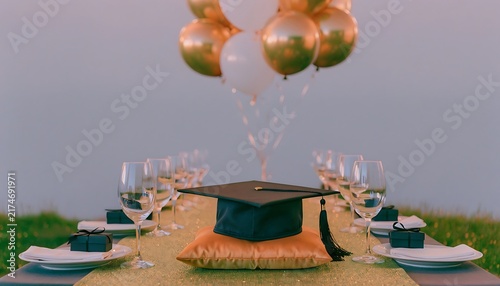 Elegant Graduation Dinner Table Setup with Graduation Cap and Balloons