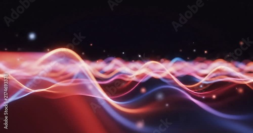  Animated Abstract neon gradient scene with glowing red orange and blue light on a dark background modern futuristic background for technology branding and digital design 3d render illustration. 4K
