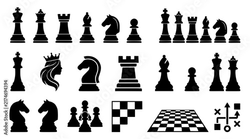 Bild auf Leinwand Minimal chess silhouettes collection with king queen rook bishop knight pawn and