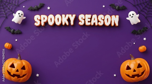 Spooky season text layout with carved jack o lantern pumpkins and bats on purple background halloween background pumpkin decoration ghost figure spider web autumn holiday festive banner