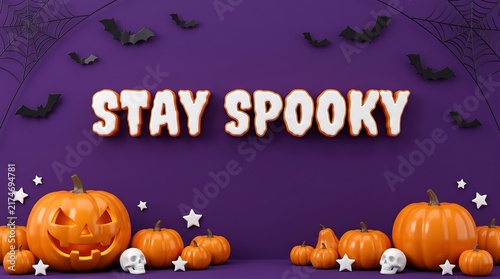 Stay spooky text layout featuring jack o lantern pumpkins bats small skulls on purple background halloween background pumpkin decoration autumn holiday festive banner halloween seasonal