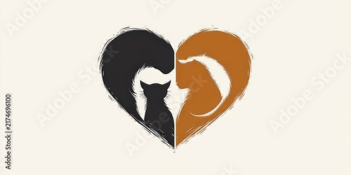 heart-shaped brushstroke split in black and brown with cat and dog silhouettes facing each other conveying warmth and companionship