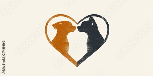 orange dog and black cat silhouettes forming a heart, nose-to-nose in a distressed vintage design conveying affection and companionship