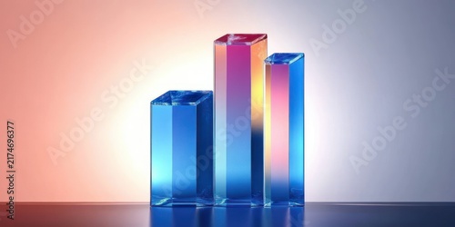 three tall transparent glass prisms with colorful gradient lighting on a reflective surface, serene modern minimal composition