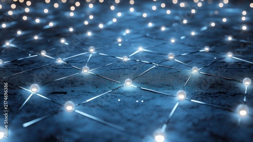 glowing white spheres connected by thin illuminated lines across a textured dark blue surface, distant blurred lights suggesting an endless digital network and calm futuristic energy