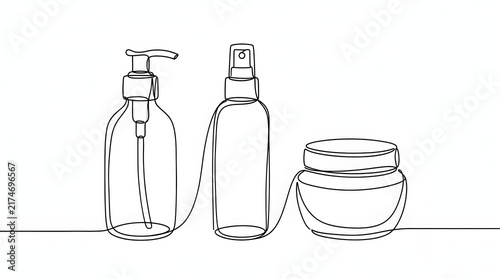 Minimalist continuous line drawing of three cosmetic bottles with pump and spray dispenser and cream jar, black and white skincare products sketch on white background