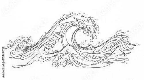 Minimalist continuous line drawing of stylized ocean waves with flowing crest curl, black and white sea wave art on white background, abstract nature illustration for coastal and wellness design