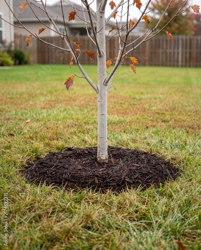 A young maple tree with dark mulch ring on an autumn backyard lawn, bare branches with a few orange leaves remaining, concept of fall garden care and tree maintenance in a residential yard.