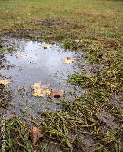 A puddle on a waterlogged autumn lawn with fallen maple leaves floating on the surface, muddy flooded grass after heavy rain, concept of poor drainage and waterlogging problems in the garden.