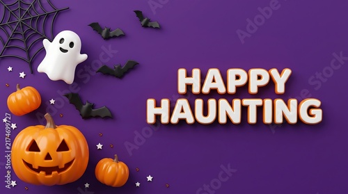 Happy haunting halloween greeting card design with ghost and pumpkins on purple background spider web halloween celebration decoration greeting seasonal template background illustration