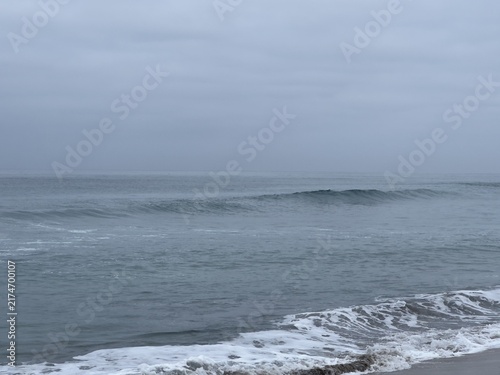 Принти на полотні Calm ocean swells rolling over gray waters toward Carlsbad beach under overcast morning skies in California