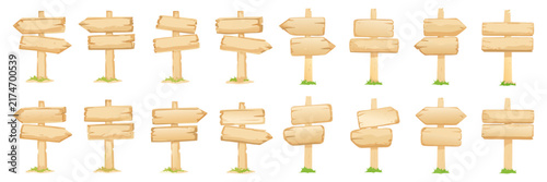 A versatile icon pack of blank wooden signpost arrows in single and multi-directional layouts for game design.