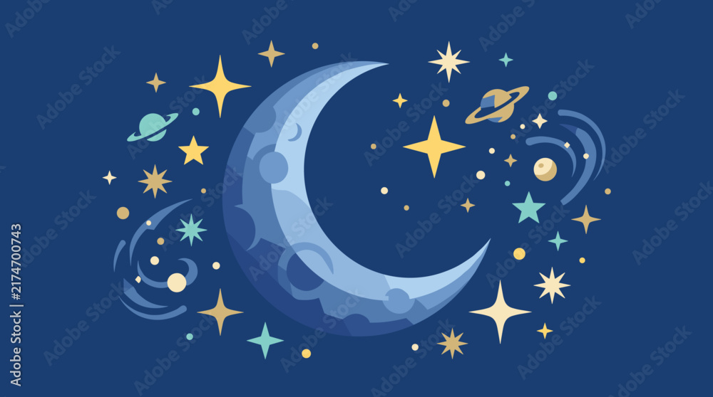 Naklejka premium Whimsical celestial vector art featuring a detailed blue crescent moon with craters, twinkling yellow stars, ringed planets, and cosmic shapes on a dark navy blue background.