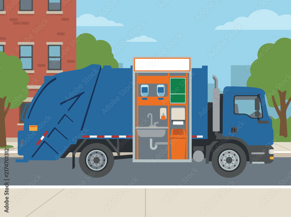 Fototapeta premium A vibrant illustration depicts an emergency decontamination truck with a washing station. Clean lines and a modern style showcase urban preparedness. Ideal for public service or safety themes.