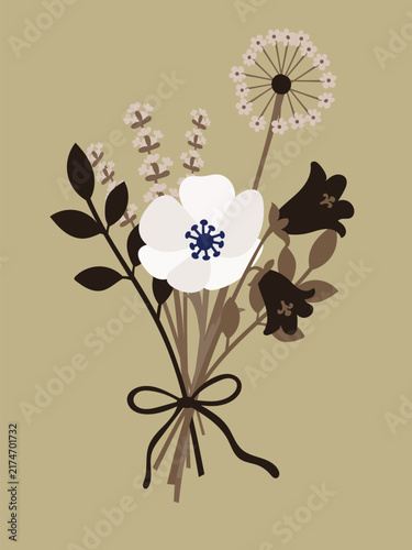 Flat Minimal Handdrawn Wildflower Bouquet Illustration, Anemone Dandelion Lavender Bellflower, Botanical Floral Art