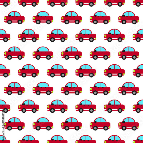 Canvastavla Seamless pattern of small red cartoon cars repeating on a clean white background